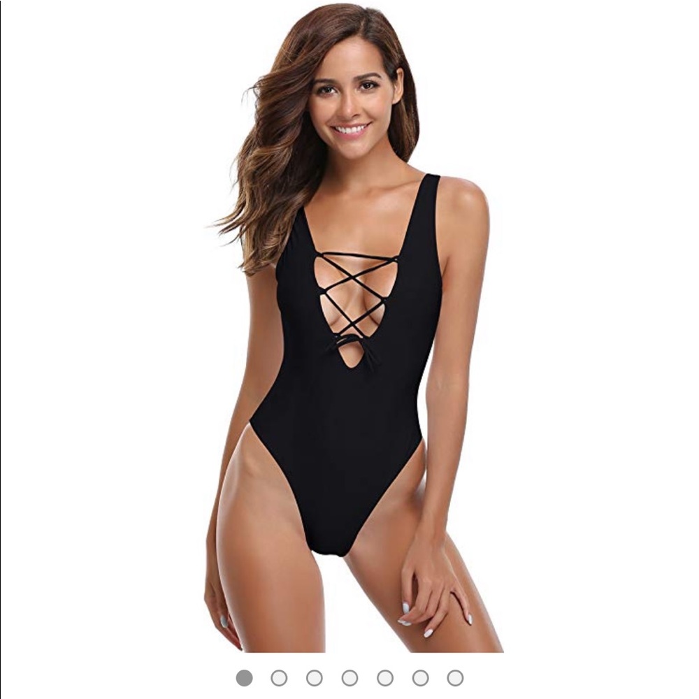 Black lace up, high cut, one piece swimsuit